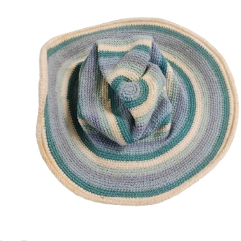 Wooden Ships Women's Striped Crochet Blue White Sun Hat Cotton OS